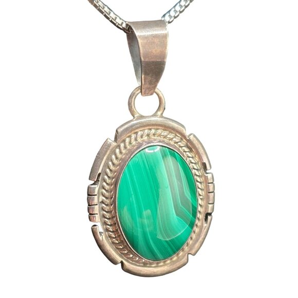 NAVAJO Jon McCray Oval Malachite Pendant Sterling Silver 2" Length - Picture 1 of 5